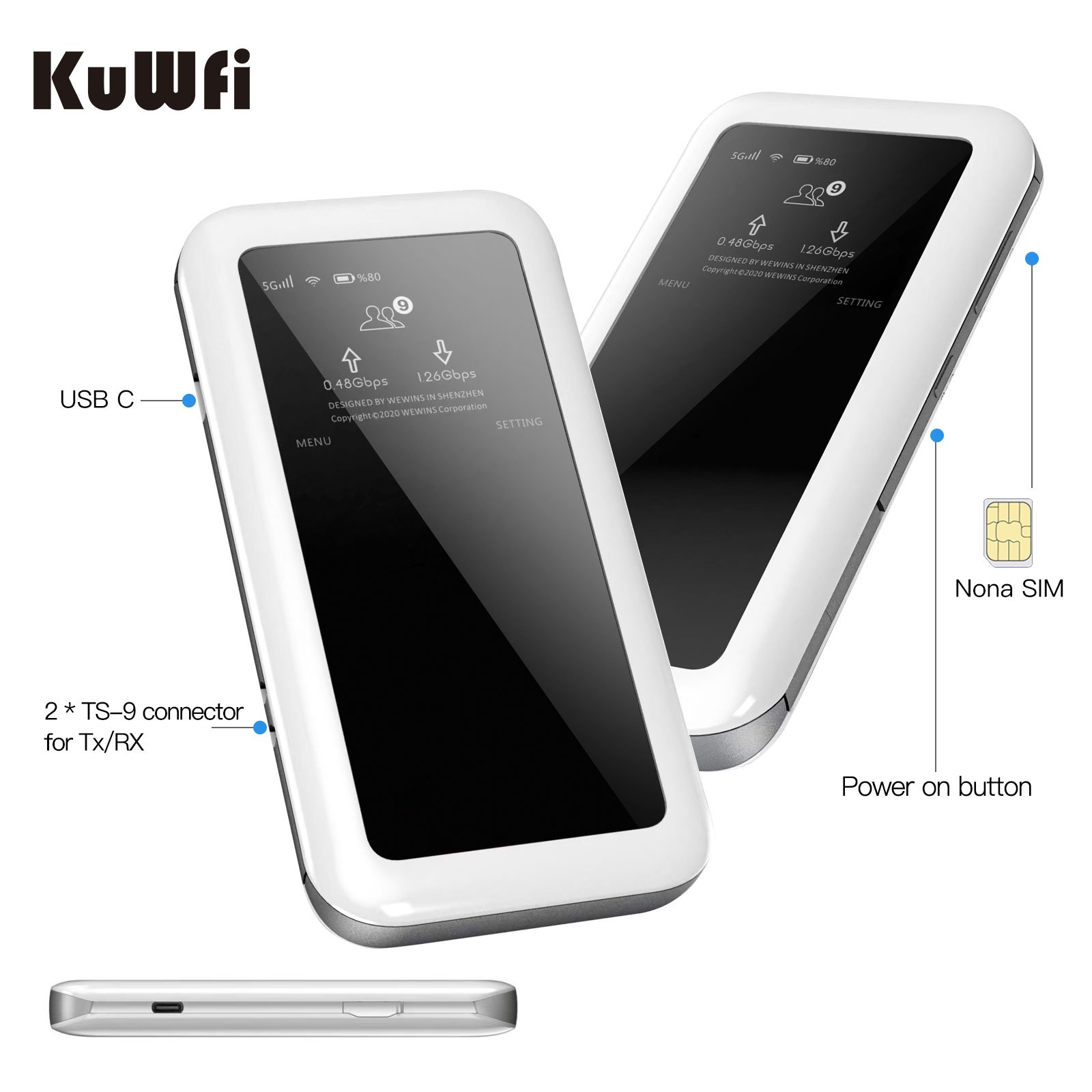 Dual Frequency KuWFi M46 AX1800 Portable Router SDX62 5G with 3000 Mbps Speed and 4500 Mah Battery High-Speed Mini Wifi